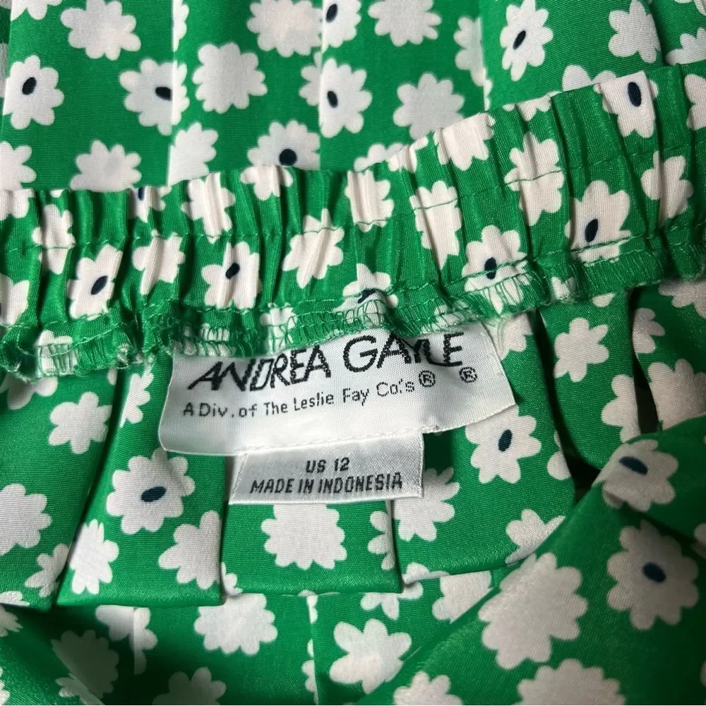 Vtg 90s Andrea Gayle Green Pleated Black White Floral Maxi Skirt 14.5” 12 M L